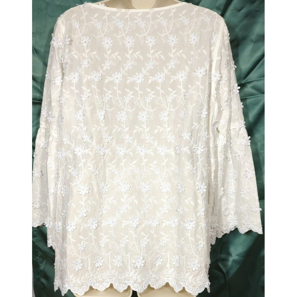 Soft Surroundings Blouse Tunic L Embroidered White Bishop Sleeves Boho Chic Glam - Picture 4 of 12
